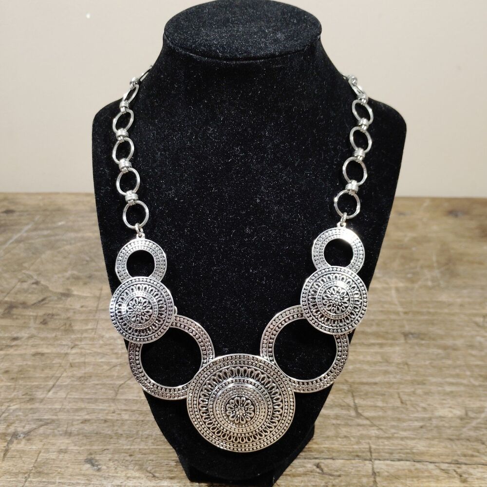 St Thomas Bib Necklace Silver Tone Coins Statement Signed Ornate